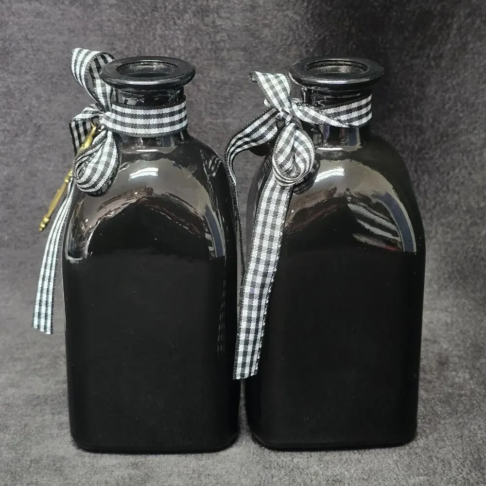 Country Mini Bud Vase Black Bottle Checkered Ribbon with Key & Heart Charms